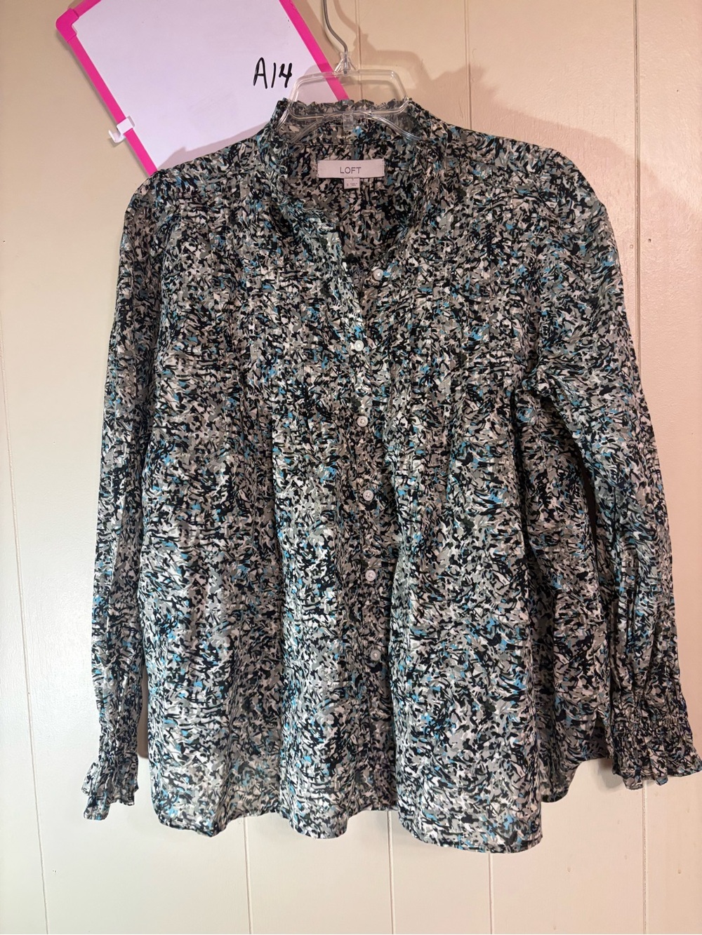 LOFT Blue and Black Floral Button-Front Blouse
